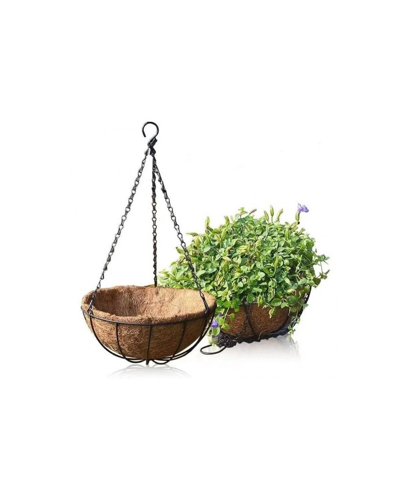 Cos suspendat pentru flori, maro, otel + fibra nuca de cocos, cu lant si carlig, 25cm