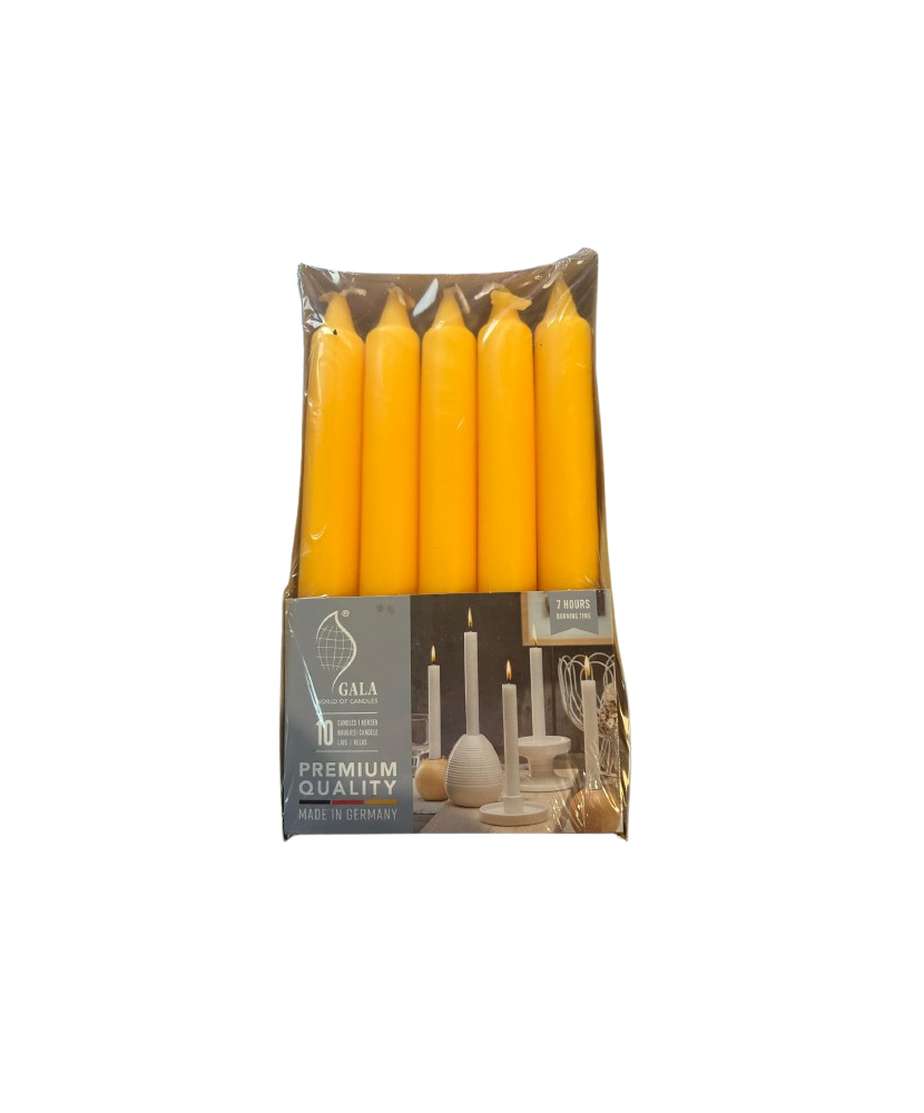 10 Bucati Lumanari Cilindrice Gala, Inaltime 193mm, Diametru 21mm, Timp Ardere 7 ore, Culoare Galben