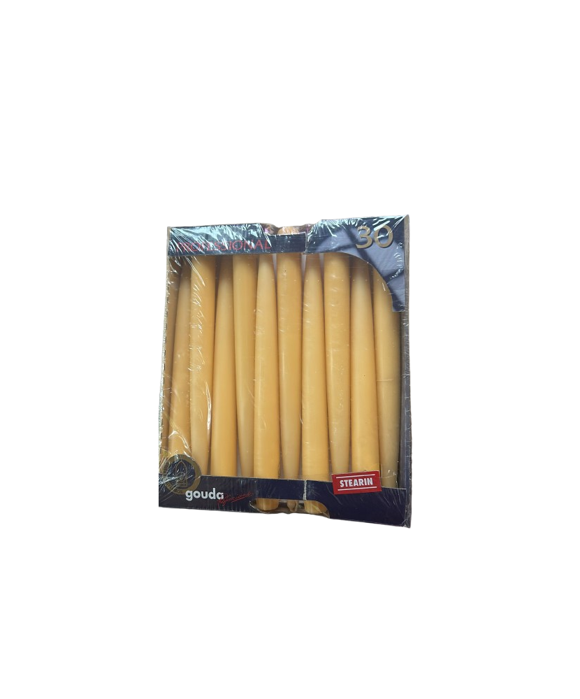 Set 30 Bucati Lumanari Cilindrice Gouda, Inaltime 24.5cm, Diametru 2,2cm, Timp Ardere 7.5 ore, Culoare Galben
