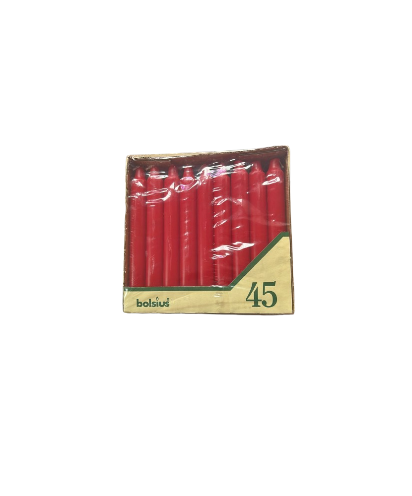 Set 45 Bucati Lumanari Cilindrice Bolsius, Inaltime 18cm, Diametru 2,1cm, Timp Ardere 6ore, Culoare Rosu
