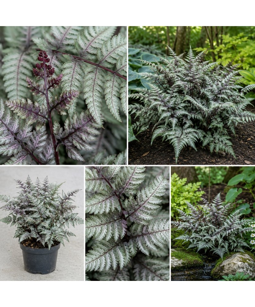 Feriga decorativa, Athyrium niponicum Metallicum, planta perena pentru umbră, ghiveci C5/P23, 1 buc